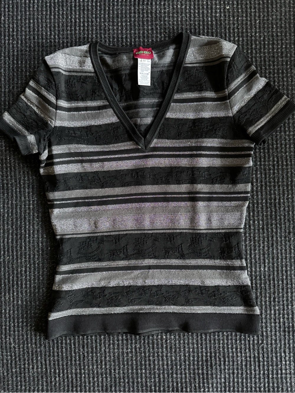 Kenzo Vintage Black & Gray Striped V-Neck Knit Top - Picture 1 of 4